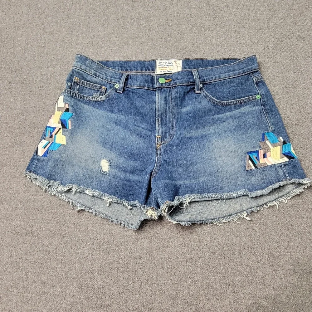 Sandrine‎ Rose Upcycled Shorts Womens 30 Blue Denim Embroidered Handmade USA